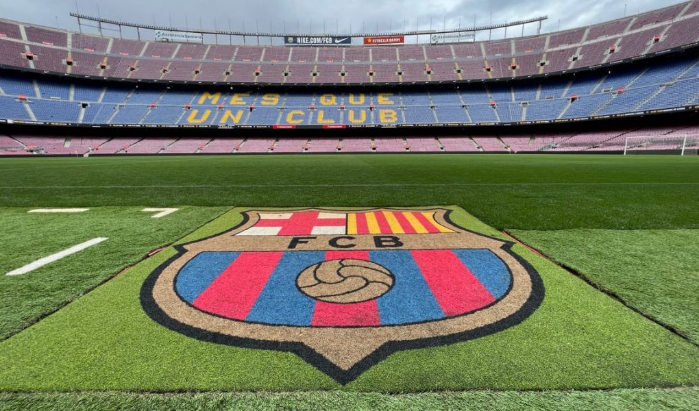 View of the pitch and stands at Camp Nou Stadium, home of FC Barcelona, in Spain.