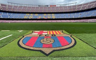 View of the pitch and stands at Camp Nou Stadium, home of FC Barcelona, in Spain.