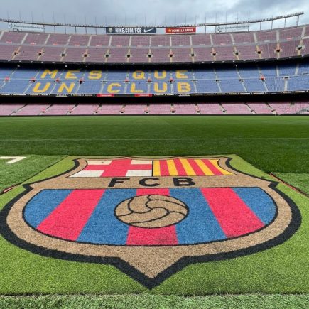 View of the pitch and stands at Camp Nou Stadium, home of FC Barcelona, in Spain.