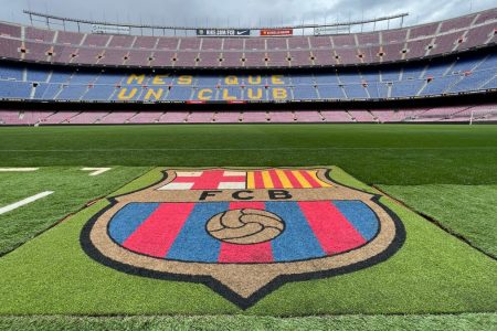 View of the pitch and stands at Camp Nou Stadium, home of FC Barcelona, in Spain.